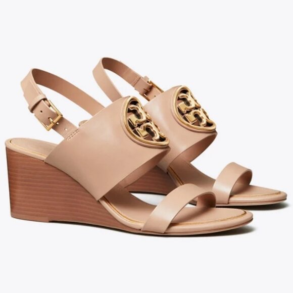 Tory Burch Shoes - Tory Burch Neutral Blush Leather Wedge Sandals with Gold Logo